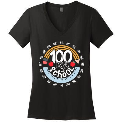 100th Day Of School Teacher 100 Days Smarter Pencil Ruler Women's V-Neck T-Shirt