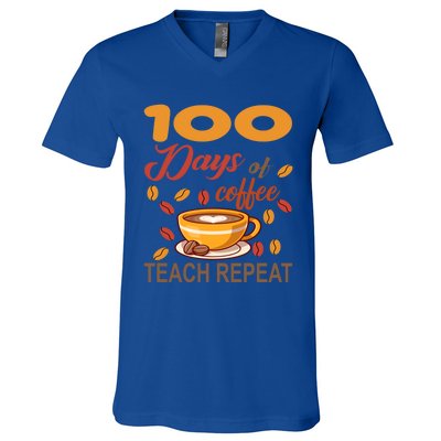 100 Days Of Coffee Teach Repeat Teacher 100 Days Of School Gift V-Neck T-Shirt