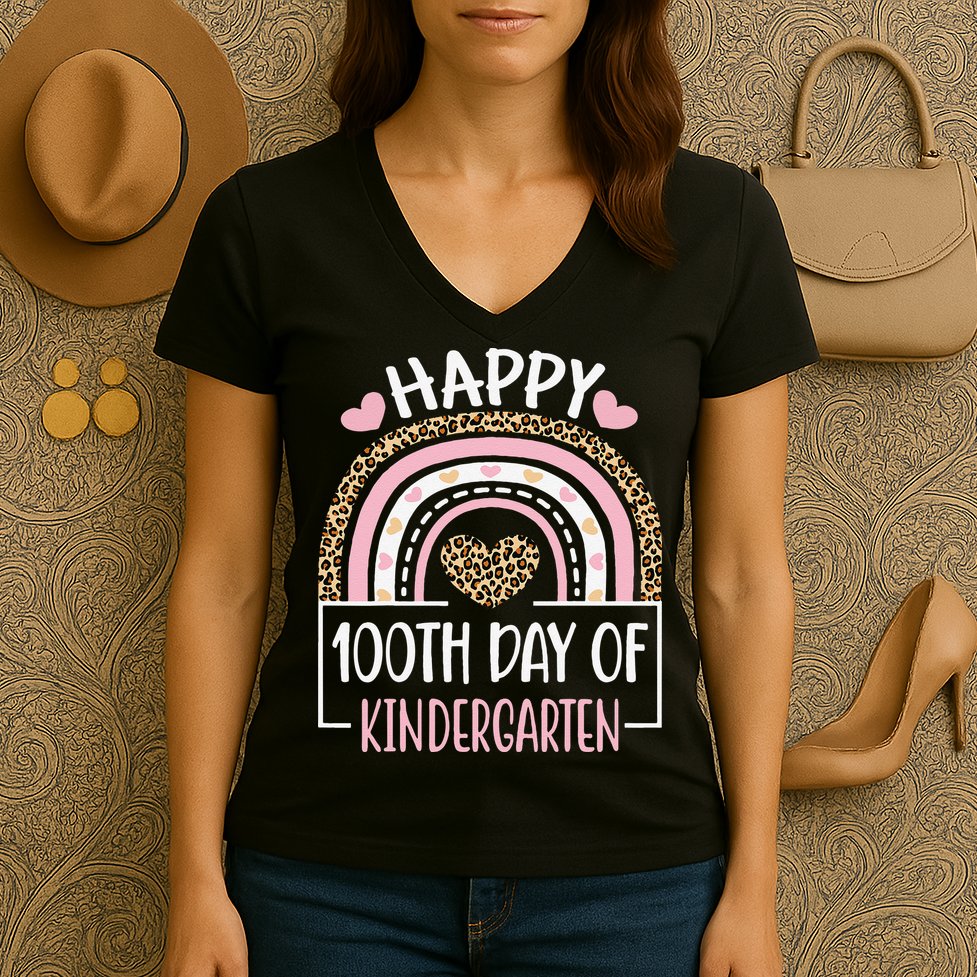 100th Day Of Kindergarten Funny 100 Days Of School Teacher Women's V-Neck T-Shirt