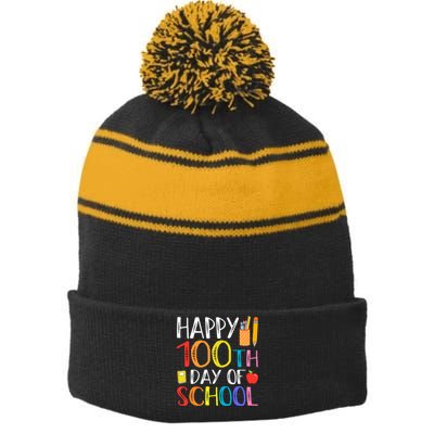 100 Days Of School Teacher And Student Stripe Pom Pom Beanie