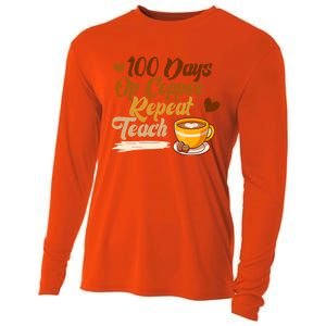 100 Days Of Coffee Teach Repeat Teacher 100th Day Of School Cute Gift Cooling Performance Long Sleeve Crew