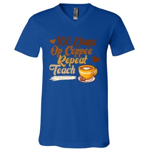 100 Days Of Coffee Teach Repeat Teacher 100th Day Of School Cute Gift V-Neck T-Shirt