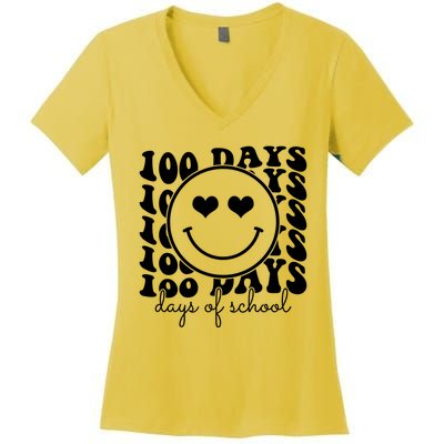 100 Days Of School Retro Smiley Heart Women's V-Neck T-Shirt
