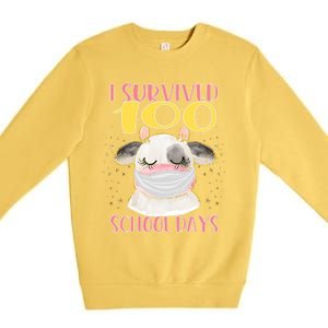 100 Days Of School Cute Cow Wearing Mask Golden Stars Gift Premium Crewneck Sweatshirt