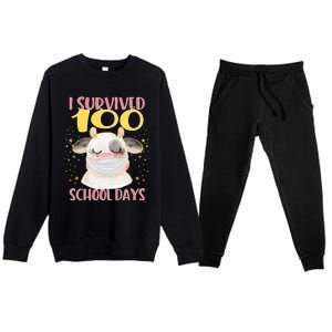 100 Days Of School Cute Cow Wearing Mask Golden Stars Gift Premium Crewneck Sweatsuit Set