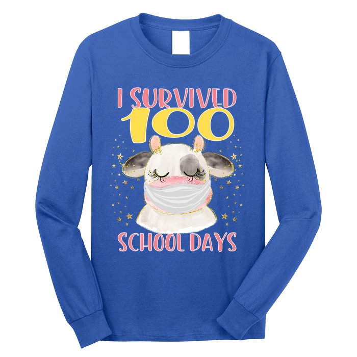 100 Days Of School Cute Cow Wearing Mask Golden Stars Gift Long Sleeve Shirt