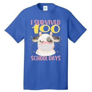 100 Days Of School Cute Cow Wearing Mask Golden Stars Gift Tall T-Shirt