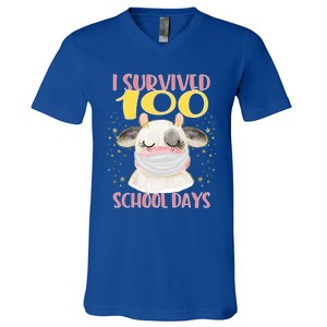 100 Days Of School Cute Cow Wearing Mask Golden Stars Gift V-Neck T-Shirt