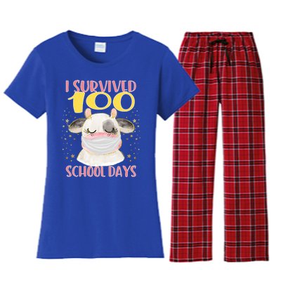 100 Days Of School Cute Cow Wearing Mask Golden Stars Gift Women's Flannel Pajama Set