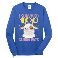 100 Days Of School Cute Cow Wearing Mask Golden Stars Gift Tall Long Sleeve T-Shirt