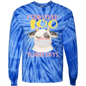 100 Days Of School Cute Cow Wearing Mask Golden Stars Gift Tie-Dye Long Sleeve Shirt