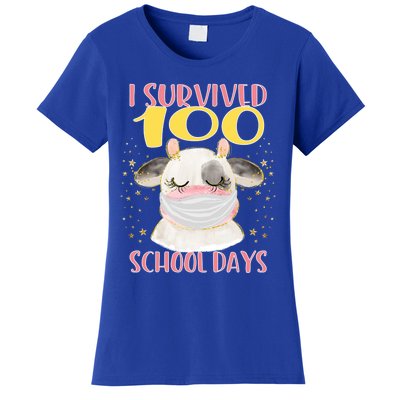 100 Days Of School Cute Cow Wearing Mask Golden Stars Gift Women's T-Shirt