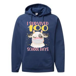 100 Days Of School Cute Cow Wearing Mask Golden Stars Gift Performance Fleece Hoodie