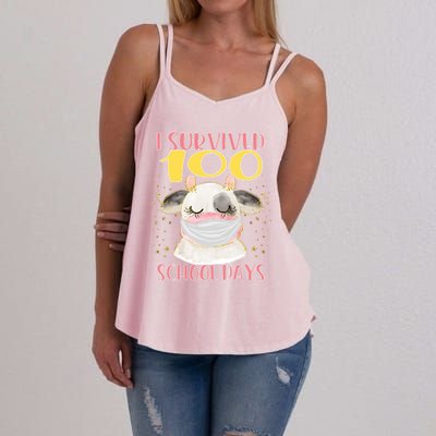 100 Days Of School Cute Cow Wearing Mask Golden Stars Gift Women's Strappy Tank