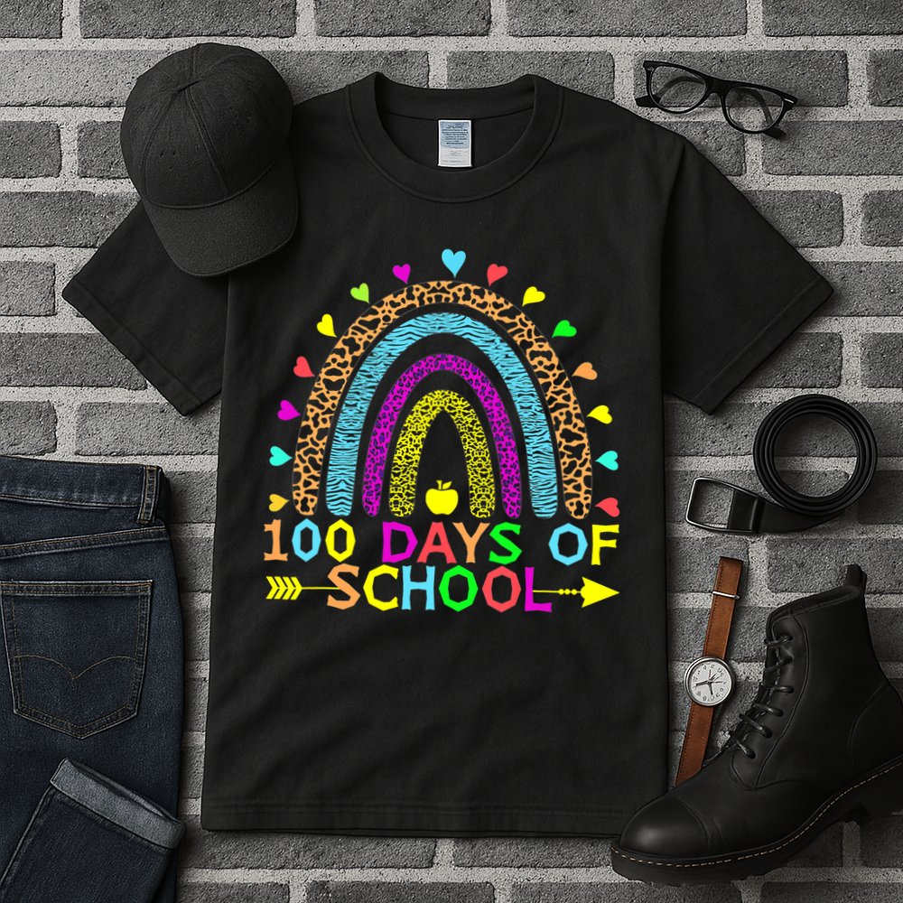 100 Days Of School Teacher Rainbow 100th Day Leopard Student Tall T-Shirt