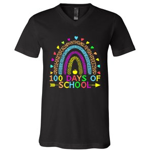 100 Days Of School Teacher Rainbow 100th Day Leopard Student V-Neck T-Shirt