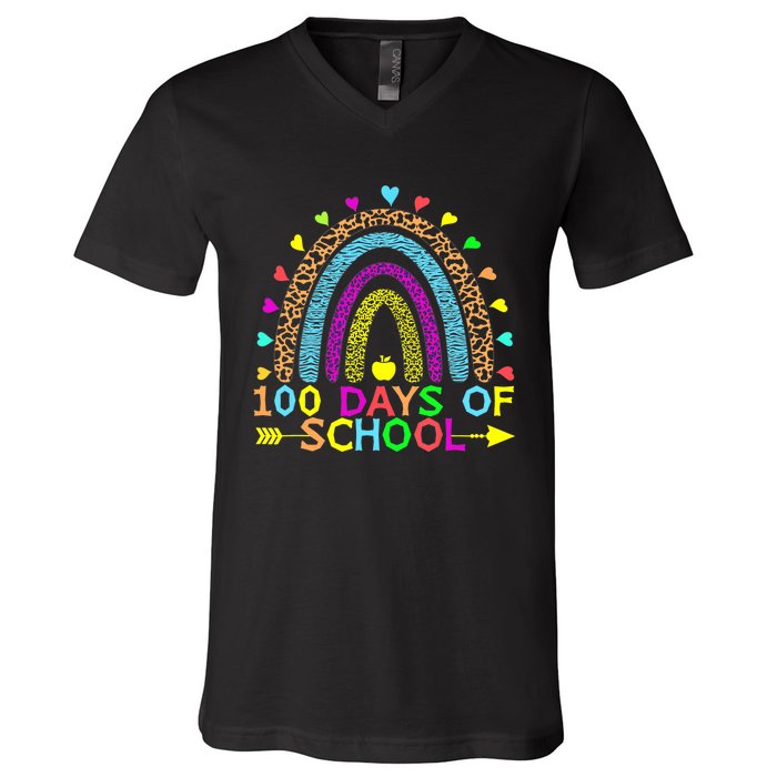 100 Days Of School Teacher Rainbow 100th Day Leopard Student V-Neck T-Shirt