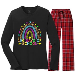 100 Days Of School Teacher Rainbow 100th Day Leopard Student Women's Long Sleeve Flannel Pajama Set 