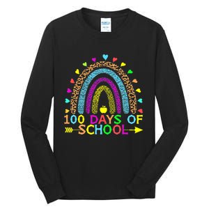 100 Days Of School Teacher Rainbow 100th Day Leopard Student Tall Long Sleeve T-Shirt