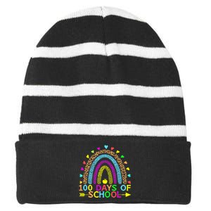 100 Days Of School Teacher Rainbow 100th Day Leopard Student Striped Beanie with Solid Band