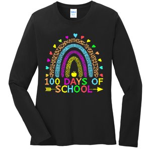 100 Days Of School Teacher Rainbow 100th Day Leopard Student Ladies Long Sleeve Shirt