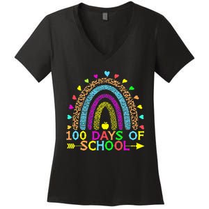 100 Days Of School Teacher Rainbow 100th Day Leopard Student Women's V-Neck T-Shirt