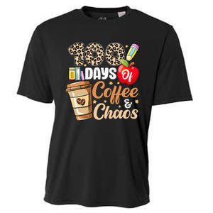 100 Days Of Coffee And Chaos 100th Day Of School Leopard Cooling Performance Crew T-Shirt