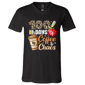 100 Days Of Coffee And Chaos 100th Day Of School Leopard V-Neck T-Shirt