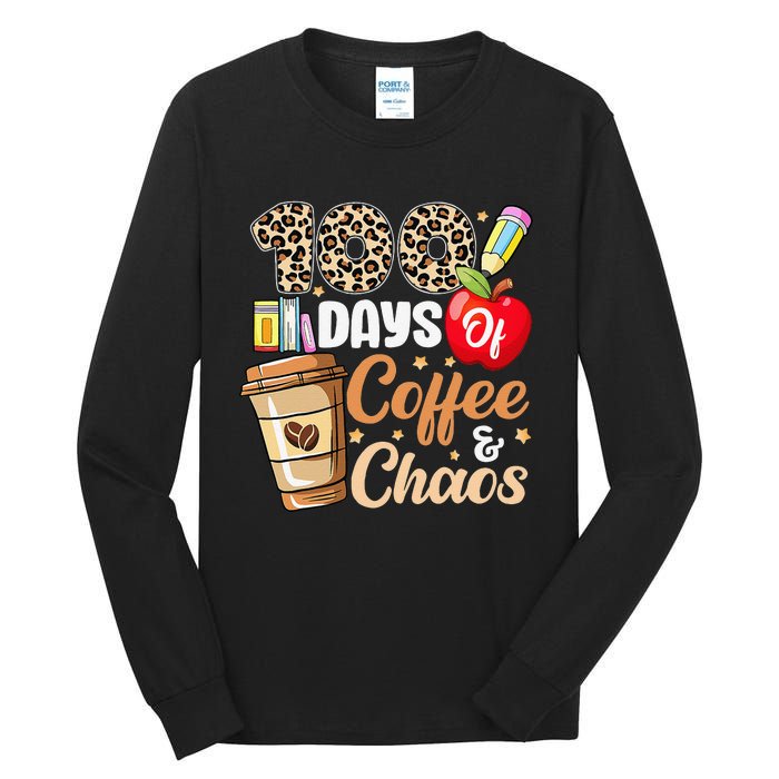 100 Days Of Coffee And Chaos 100th Day Of School Leopard Tall Long Sleeve T-Shirt