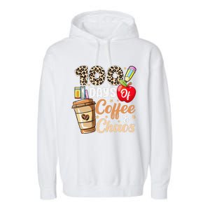 100 Days Of Coffee And Chaos 100th Day Of School Leopard Garment-Dyed Fleece Hoodie