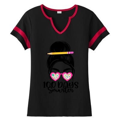 100th Day Of School Meaningful Gift 100 Days Smarter Messy Bun Hair Great Gift Ladies Halftime Notch Neck Tee