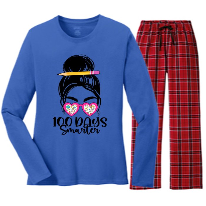 100th Day Of School Meaningful Gift 100 Days Smarter Messy Bun Hair Great Gift Women's Long Sleeve Flannel Pajama Set 