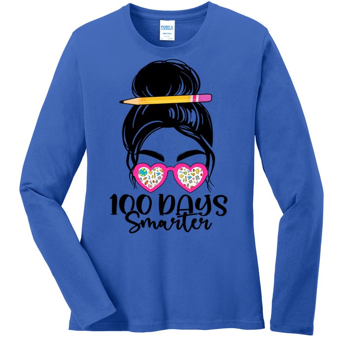 100th Day Of School Meaningful Gift 100 Days Smarter Messy Bun Hair Great Gift Ladies Long Sleeve Shirt