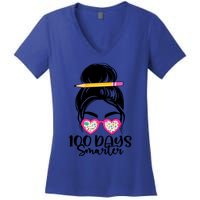 100th Day Of School Meaningful Gift 100 Days Smarter Messy Bun Hair Great Gift Women's V-Neck T-Shirt