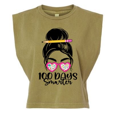 100th Day Of School Meaningful Gift 100 Days Smarter Messy Bun Hair Great Gift Garment-Dyed Women's Muscle Tee