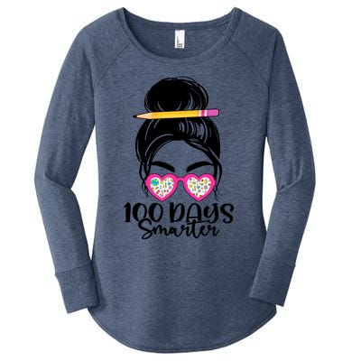 100th Day Of School Meaningful Gift 100 Days Smarter Messy Bun Hair Great Gift Women's Perfect Tri Tunic Long Sleeve Shirt