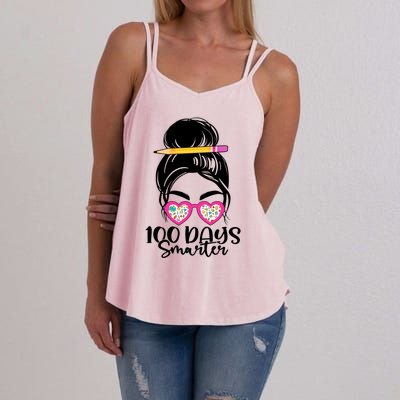 100th Day Of School Meaningful Gift 100 Days Smarter Messy Bun Hair Great Gift Women's Strappy Tank