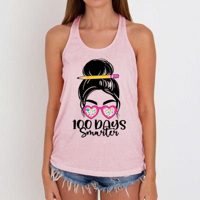 100th Day Of School Meaningful Gift 100 Days Smarter Messy Bun Hair Great Gift Women's Knotted Racerback Tank