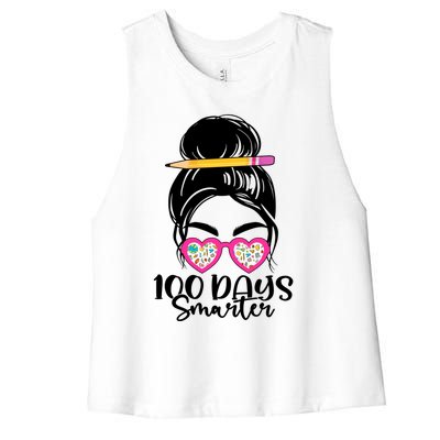 100th Day Of School Meaningful Gift 100 Days Smarter Messy Bun Hair Great Gift Women's Racerback Cropped Tank