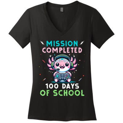 100 Days Of School 100th Day Of School Gamer Axolotl Women's V-Neck T-Shirt