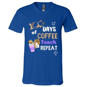 100 Days Of Coffee Teach And Repeat Teacher 100 Days Of School Cool Gift V-Neck T-Shirt