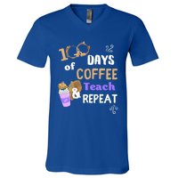 100 Days Of Coffee Teach And Repeat Teacher 100 Days Of School Cool Gift V-Neck T-Shirt