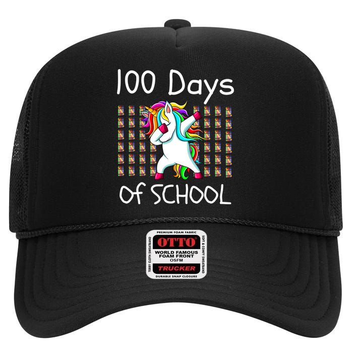 100th Day Of School Dabbing Unicorn Teacher, 100 Days High Crown Mesh Back Trucker Hat