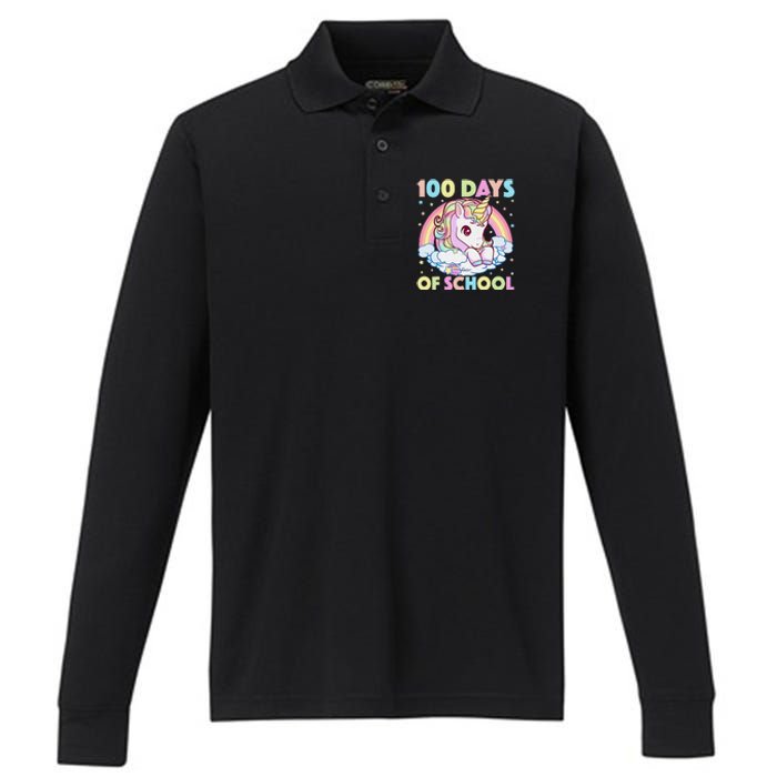 100th Day of School Unicorn 100 Magical Days Teacher Girls Performance Long Sleeve Polo