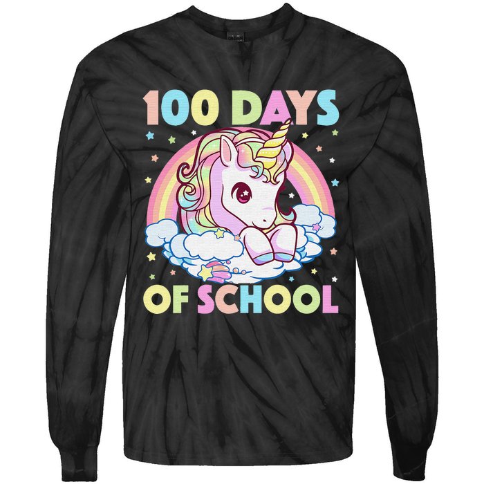 100th Day of School Unicorn 100 Magical Days Teacher Girls Tie-Dye Long Sleeve Shirt