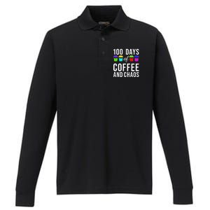 100 Days Of Coffee And Chaos Funny 100th Day School Teacher Gift Performance Long Sleeve Polo