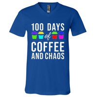 100 Days Of Coffee And Chaos Funny 100th Day School Teacher Gift V-Neck T-Shirt