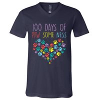 100 Days Of Pawsomeness Heart 100th Day School Dog Cat Gift V-Neck T-Shirt