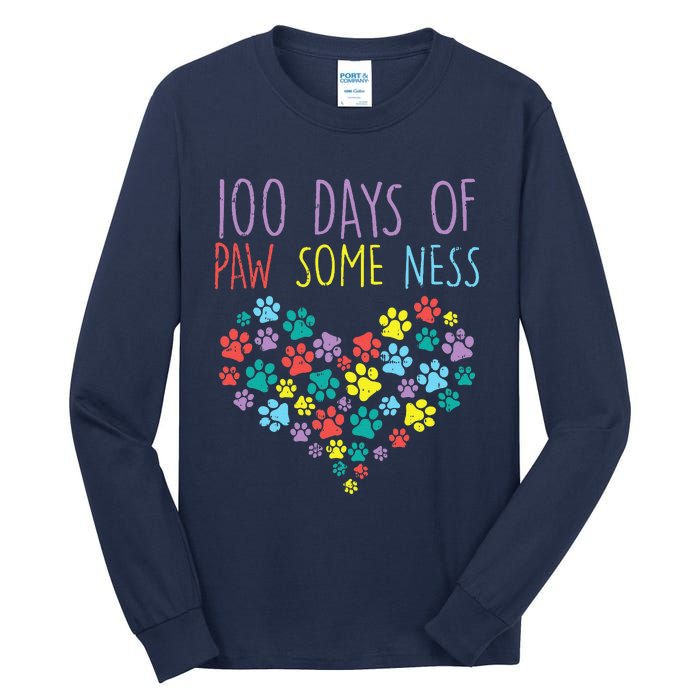 100 Days Of Pawsomeness Heart 100th Day School Dog Cat Gift Tall Long Sleeve T-Shirt