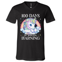 100th Day of School Unicorn 100 Magical Days Teacher Girls V-Neck T-Shirt